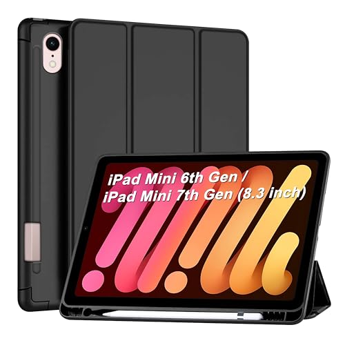 Image of CEDO Tri-Fold for iPad mini 6 (6th Gen) / iPad mini 7 (7th Gen) 8.3 in Smart Case Flip Cover with Multi Viewing Angles Stand | Pencil Holder | Heat Dissipation | TPU Backcover (Black)
