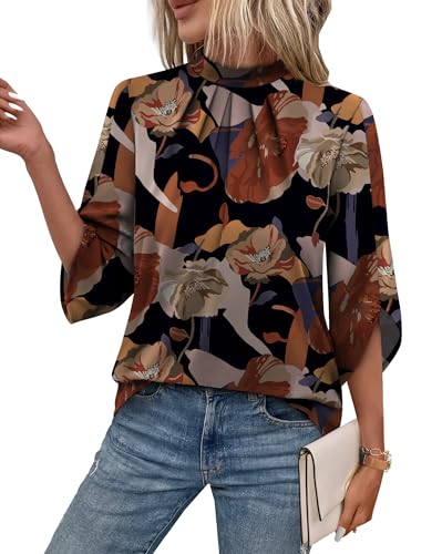 WIHOLL 3/4 Length Sleeve Womens Tops Mock Neck Pleated Front Blouses for Women Dressy Casual Spring Summer Outfits