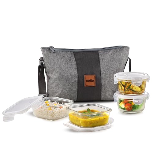 CELLO Glassy Square Lunch Box with Jacket For Office, Transparent | 2 x 320ml, 2 x 240ml Glass Containers, Microwave Safe Leadfree Toughened Glass, Ai