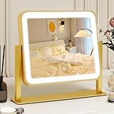 ROLOVE Gold Vanity Mirror with Lights, 14'×12' LED Makeup Mirror, Lighted Makeup Mirror with Lights, Smart Touch Control 3 Colors Dimmable, Lighted Up Mirror for Makeup Desk, 360° Rotation