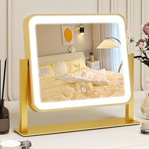 Gold Vanity Mirror with Lights, 14″×12″ LED Makeup Mirror, Lighted Makeup Mirror with Lights, Smart Touch Control 3 Colors Dimmable, Lighted Up Mirror for Makeup Desk, 360° Rotation