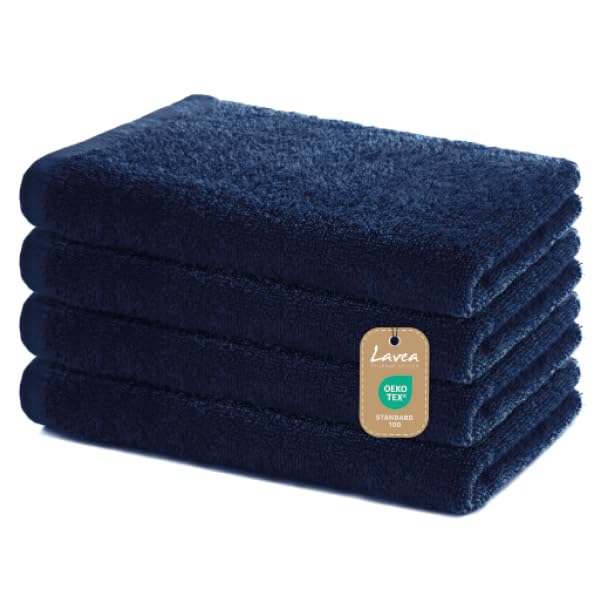 Lavea Juego de 4 Toallas de Mano de 40 x 70 cm, Suaves y absorbentes, de 100% algodón, con Certificado Öko-Tex, Lavable a 60 Grados, Ideal para baño, Aseo de Invitados, Deporte y Fitness, Azul Marino