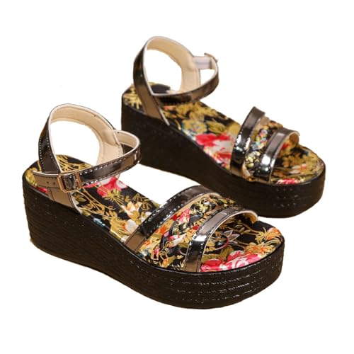 Womens Wedges Floral Print Sandals Summer Platform Bridal Evening Shoes 2.7 Inch Heel Hook and Loop Closure