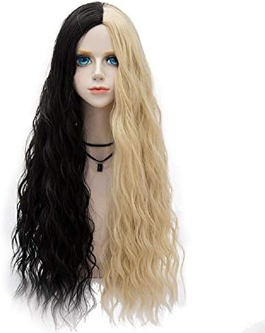 Probeauty Halloween Collection 75cm Mix Color Gothic Long Curly Wavy Ombre Hair Synthetic Cosplay Wig+Cap (75cm Curly Central Part Black mix Blonde)
