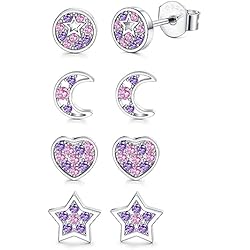 Parfois Pendientes Pequeños CASSIECA 4 Pares Pendientes Plata de Ley 925 para Estrella Luna Corazón Redonda Circonita Pequeños Aretes Pendientes Studs Set Hipoalergénicos Oreja Joyería