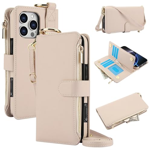 Étui iPhone 14 Pro Max beige en cuir véritable avec portefeuille élégant et finitions premium