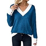 Generisch Blusa casual de manga larga de talla grande, color sólido, con inserto en contraste, blusa para la temporada de otoño, azul, L