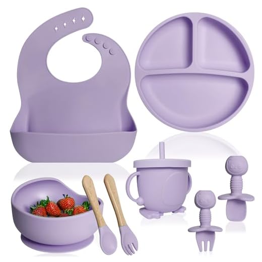 Bluet B- Silicone Baby Feeding Set - Baby Led Weaning Supplies - Baby Spoons, Suction Bowl - Plate - Baby Utensils Set - Silicone Feeding Set for Baby First Foods, Infant Eating - 8pcs - Purple