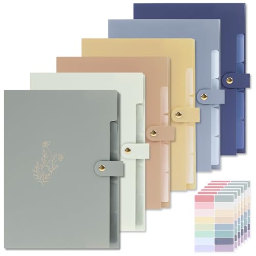 EOOUT 6pcs Expanding File Folders with 5 Pockets, Accordion Folders for Documents, A4 Letter Size Gold-Embossed Floral Plastic File Organizer with Snap Button for School and Office Supplies