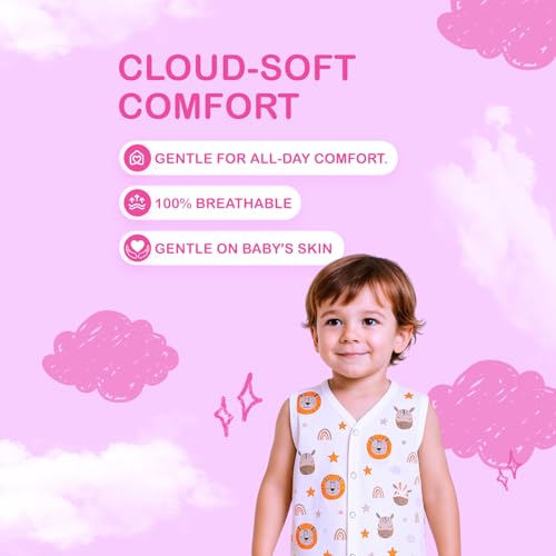 Image of Kidbea Newborn Baby Jhabla Muslin Cotton Clothes for Boys & Girls | Soft Breathable, Cute Printed Sleeveless Baby Wear with Button Closure