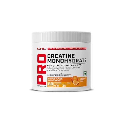 GNC Pro Performance Creatine Monohydrate - 3000mg Creatine Per Scoop | Micronized for Faster Absorption | Boosts Energy, Muscle Volume & Performance | Gluten-Free | Orange | 250gm