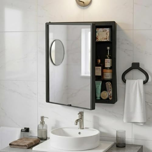 Image of CIPLA PLAST New Rich Look Bathroom Cabinet with Mirror | Storage Organiser | Strong Plastic Bathroom Shelves Wall Mounted | Bathroom Accessories| Mirror Cabinet (Black with Towel Ring)