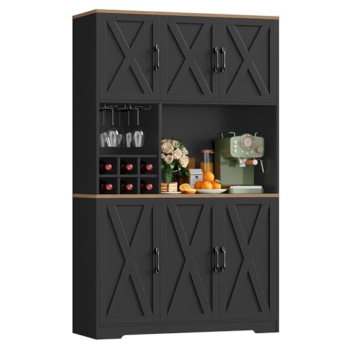 HOCSOK Kitchen Cupboard 41.7" x 70.9" (W x H), Kitchen Cabinets Black, Pantry Cupboard with Removable Wine Rack, Glass Holder and Large Countertop, Sideboardwith Microwave Stand