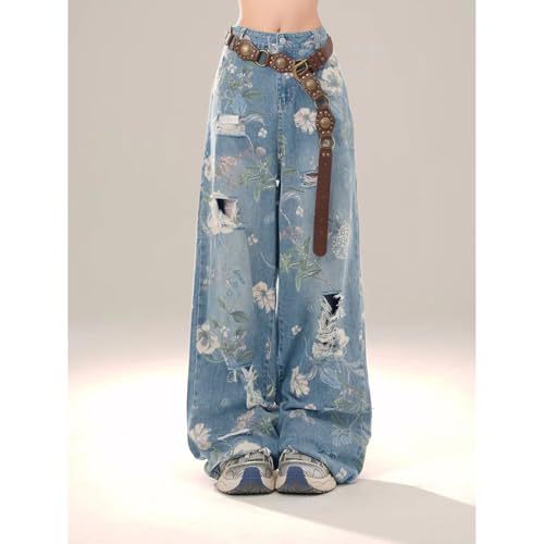 Women's Ripped Jeans High Waisted Baggy Boyfriend Jeans Distressed Vintage Floral Printed Wide Leg Denim Pants4