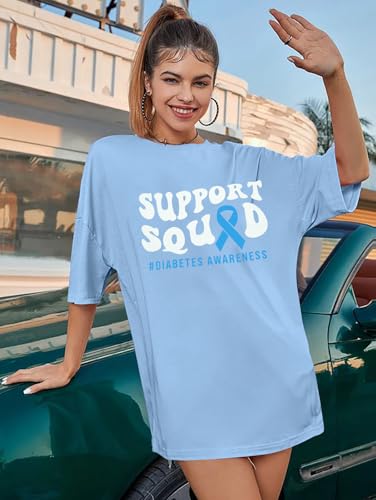 Diabetes Awareness Shirts Women Oversized: Blue Ribbon T-Shirt Diabetic Mom Support Squad Tee November Month Tops