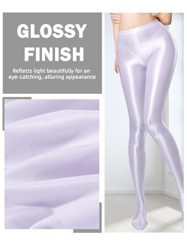 Image of FEOYA Women's Open Crotch Oil Shiny Pantyhose High Waist Control Top Silky Oily Crotchless Footed Tights Stockings