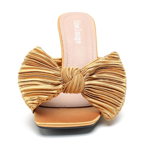 Women's Bow Knot Heeled Sandals Open Toe Low Kitten Heels Mules Sandals Slip On Pleated Wedding Bridal Party Dress Shoes2