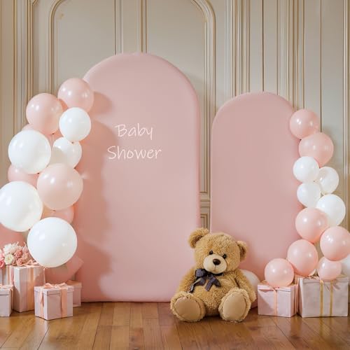 Image of Pink Arch Cover 2 Set - 7.2 and 6ft Pink Arch Backdrop Cover Spandex Wedding Arch Stand Covers for Birthday Party Baby Shower Girls Bridal Shower Photo Balloon Arch Covers Stretchy Backdrop Background