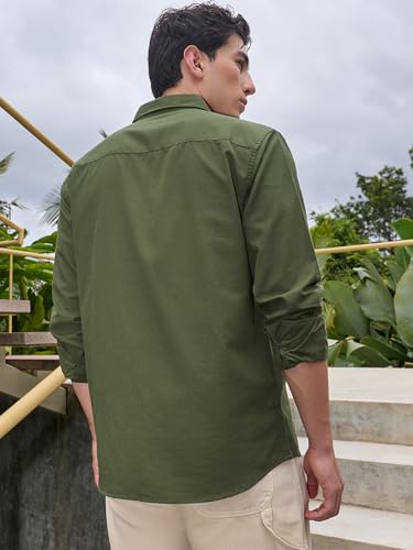 Image of Bewakoof Mens Solid Regular Fit Full Sleeve Collar Cotton Linen Blend Shirt
