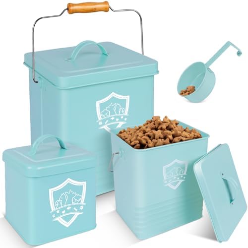 Almcmy Pet Food Storage Containers, 3 Pcs Dog Treat Container Set with Lid and Scoop, Metal Cat Food Storage Jar, Dog Treat Canister Airtight Food Dispenser for Dogs Cats-Green