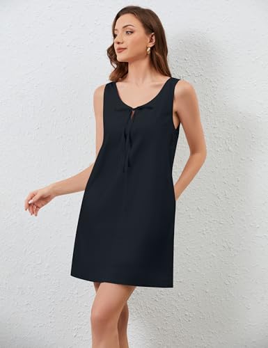 Image of Women Casual Tunic Tank Sundress Sleeveless A-Line Bow Mini Dresses Summer Shift Dress with Pockets Beach Short Dress Black