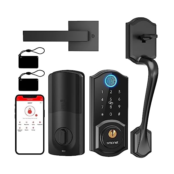 Smart Lock Front Door, SMONET Keyless Entry Door Lock with Handle, Smart Front Door Lock Set Fingerprint Smart Deadbolt Bluetooth Electronic Digital Keypad Lock, Auto Lock Work with Alexa, Black