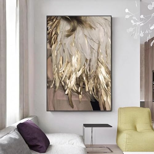 Peinture sur toile plumes blanches et dorées moderne 30x50 cm avec cadre intérieur pour salon