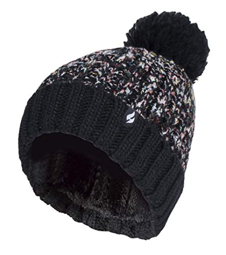 HEAT HOLDERS - Damen Elegant Strickmütze Gefüttert Groß Beanie mit Bommel und Fleecefutter (Einheitsgröße, Schwarz)