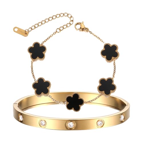 2Pcs 18K Gold Plated Clover Bracelet Gold Stack Bracelets for Women Lucky Flower Clover Bracelets Jewelry Gold Bracelet Set Trendy Jewelry Christmas Valentines Gifts for Women