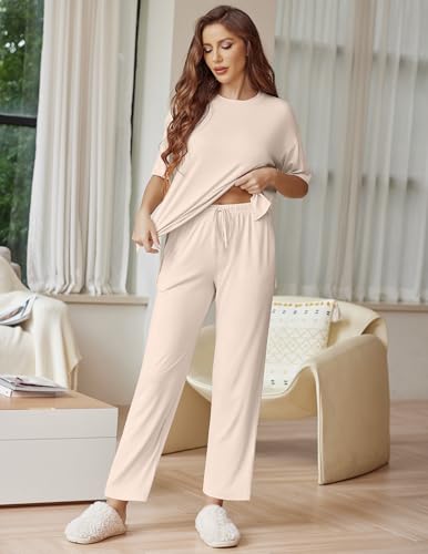 Image of Ekouaer Lounge Sets for Women Short Sleeve Tops and Long Pants Soft Comfy Pajamas Set 2 Piece Outfits