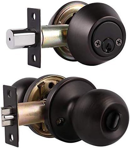 1 Pack Keyed Alike Entry Door Knobs/Keyed Door Lock, Double Cylinder Keyed Deadbolt with Matching Round Style Knob, Classic Oil Rubbed Bronze Finish, Door Hardware & Lock