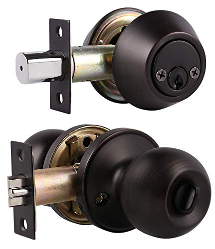1 Pack Keyed Alike Entry Door Knobs/Keyed Door Lock, Double Cylinder Keyed Deadbolt With Matching Round Style Knob, Classic Oil Rubbed Bronze Finish, Door Hardware & Lock #TOP13