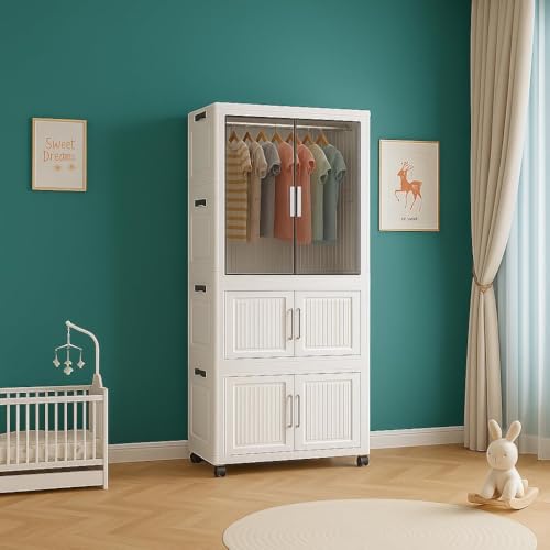 Image of Strassis Design Portable 4 Door Wardrobe Closet with Hanging Section & Storage Cabinet | Plastic Clothes Almirah with Wheels | Modern Bedroom Storage Organizer (White, 2-Layer)