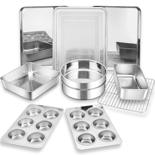P&P CHEF Bakeware Sets of 11, Stainless Steel Baking Pans Set, Includes Baking Sheets and Rack, Lasagna Pan with Lid, Round/ Square Cake Pan, Muffin Pans, Loaf Pan, Reusable & Durable