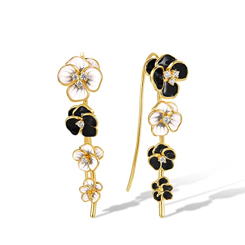 Santuzza Enamel Black & White Flower French Hook Earrings Peony Gold Plated Pierced Dangle Earrings For Women #TOP7