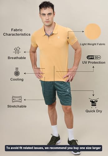 Image of TECHNOSPORT Men's Solid Slim Fit Polo Collar T-Shirt TECHNOCOOL+ Half Sleeve Button Polyester for Gym Running Workout UPF50+ Anti Odour