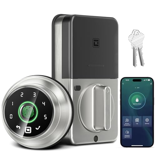 GeekTale 4-in-1 Keyless Entry Door Lock, Fingerprint Door Lock with Keypad, Biometric Smart Lock Deadbolt for Front Door, App Control Satin Nickel Keypad Deadbolt with Fingerprint