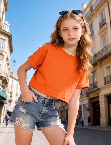 Image of Girls Crop Tops Short Sleeve T-Shirts for Girl Crew-Neck Basic Tee Size 7-14 Years