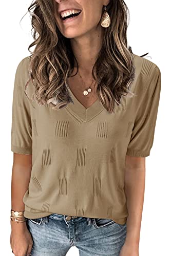 Image of Arach&Cloz Women's Lightweight Spring Summer Sweater Tops Casual Short Sleeve Blouses Shirts