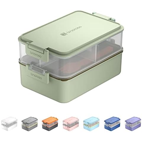linoroso Stackable Bento Box Adult Lunch Box | Meet All You On-the-Go Needs for Food, Salad, and Snack Box, Premium Bento Lunch Box for Adults Include Utensil Set, Dressing Containers - Pale Mint Cover
