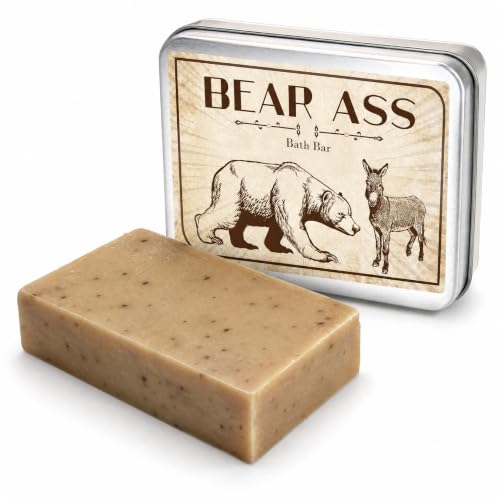 Gears Out Bear Ass Bath Bar - Funny Vintage Bear and Donkey Design - Novelty Bath Soap for Men - Coffee Soap, Handcrafted, Made in the USA, Contains Real Ground Coffee