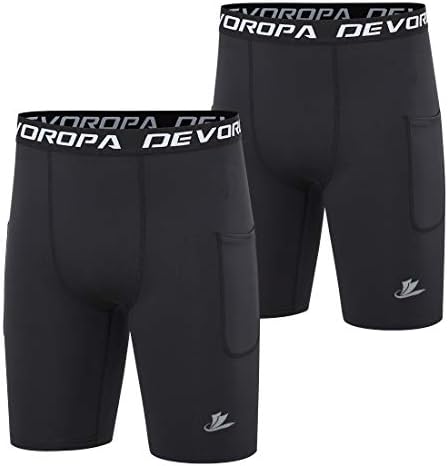 DEVOROPA Youth Boys' Compression Shorts Performance Athletic Base Layers Workout Training Underwear Side Pocket Black/Black M (Pack of 2)