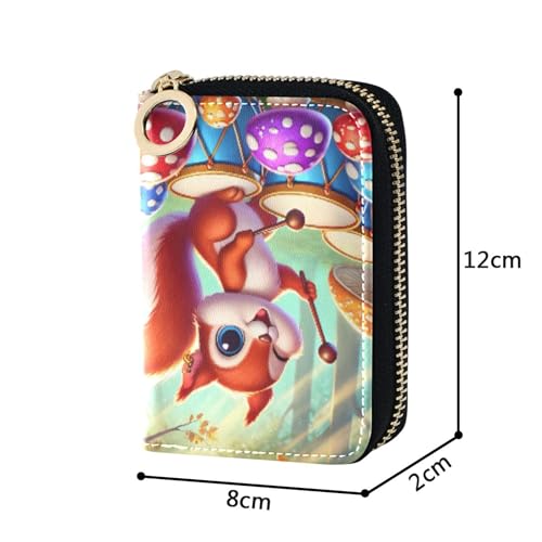 Small Women's Wallet Credit Card Wallets RFID Blocking Leather Zipper Travel Wallet with Key Ring Cute Cartoon Squirrel Forest3