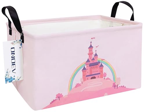 Image of ONOEV Rectangular Folding Laundry Basket,waterproof Canvas Basket,gift basket,Suitable for children's room,Office,Clothes,Toys Storage(Pink Castle)