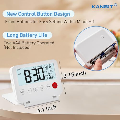 Image of KANBIT Small Digital Travel Alarm Clock, Large LCD Display Front Button with Date & Temperature, Snooze and 8 Seconds Backlight AAA Battery Operated Desk Clock for Home & Office, White