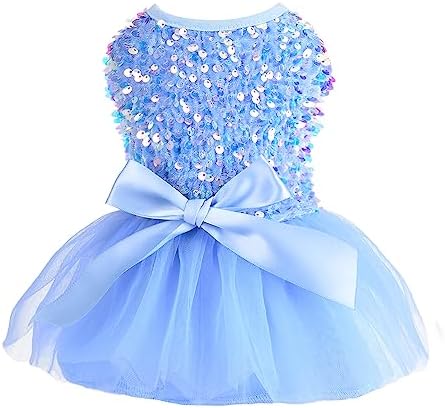 Dog Dress Sweater Winter Dog Dresses for Small Dogs Girl Fall Fleece Warm Puppy Clothes Outfit Apparel Cute Sequins Bowknot Pet Skirt for Cats Holiday Doggie Wedding Dress Coats (Medium, Blue)