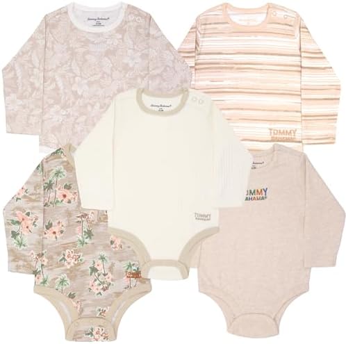 Tommy Bahama Baby 5-Piece Onesie Set - 100% Cotton Long Sleeve Bodysuit 5-Pack for Infant Boys and Girls (Beige/Cream, Size 24M)