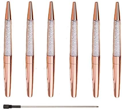 Ubabe Rose Gold Pen Bling Diamond Pens Fine Black Ink Pen-6 Pack and 6 Extra Refills (Rose Gold Metal Pen 6 Pack)