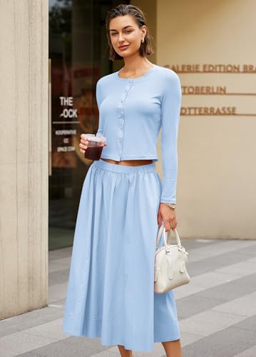 Image of Panadila Womens 2 Piece Lounge Sets Matching Vacation Outfits Ribbed Button Down Cardigan and Elastic Waist Skirt Sets
