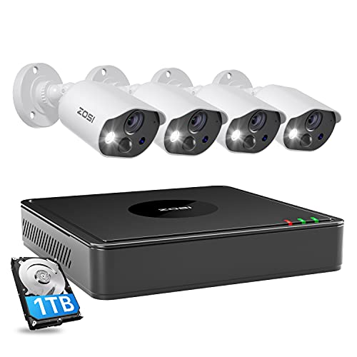 ZOSI C303 Security Cameras System with Audio,H.265+ 8CH 5MP Lite CCTV DVR with Hard Drive 1TB,4pcs 1080P Outdoor Cameras,120ft Night Vision,PIR Motion Deteciton,Motion Activated Light & Siren Alarm